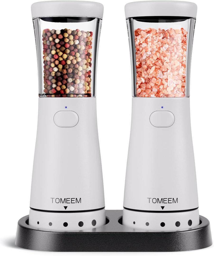 Electric Salt and Pepper Grinder Set with Storage Base, Stainless Steel Rechargeable Salt and Pepper Grinder Set with 4.5 oz Large Capacity, 1.8" Wide Mouth, Adjustable Coarseness, Ideal for Kitchen, 2 Pack
