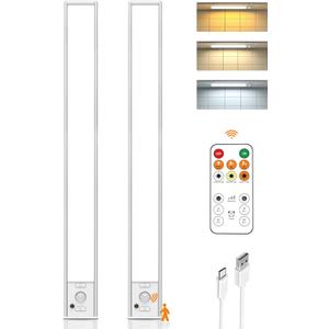 Under Cabinet Lights, 160 LED Motion Sensor Light Indoor,4000mAh USB Rechargeable Closet Light with Remote Control,3 Color Temps Wireless Under Counter Lights for Bedroom,Kitchen,Stair,Pantry (2 Pack, White-15.9 Inch)