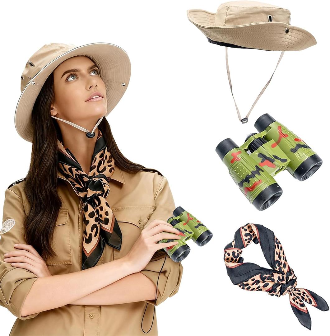 Safari Adventure Set with Binoculars, Sun Hat, and Wild Animal Print Scarf