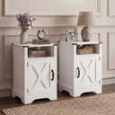FansaFurn Farmhouse Nightstand Set of 2 with Charging Station, Wooden End Table, Rustic Night Stand with Storage Cabinet and Shelf, Tall Bedside Table for Bedroom, Living Room, White