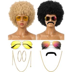 Mepase 9 Pcs 70s 80s Afro Wigs with Mustache Glasses Necklaces Earrings for Couple Halloween Men Women Hippies Disco Costume
