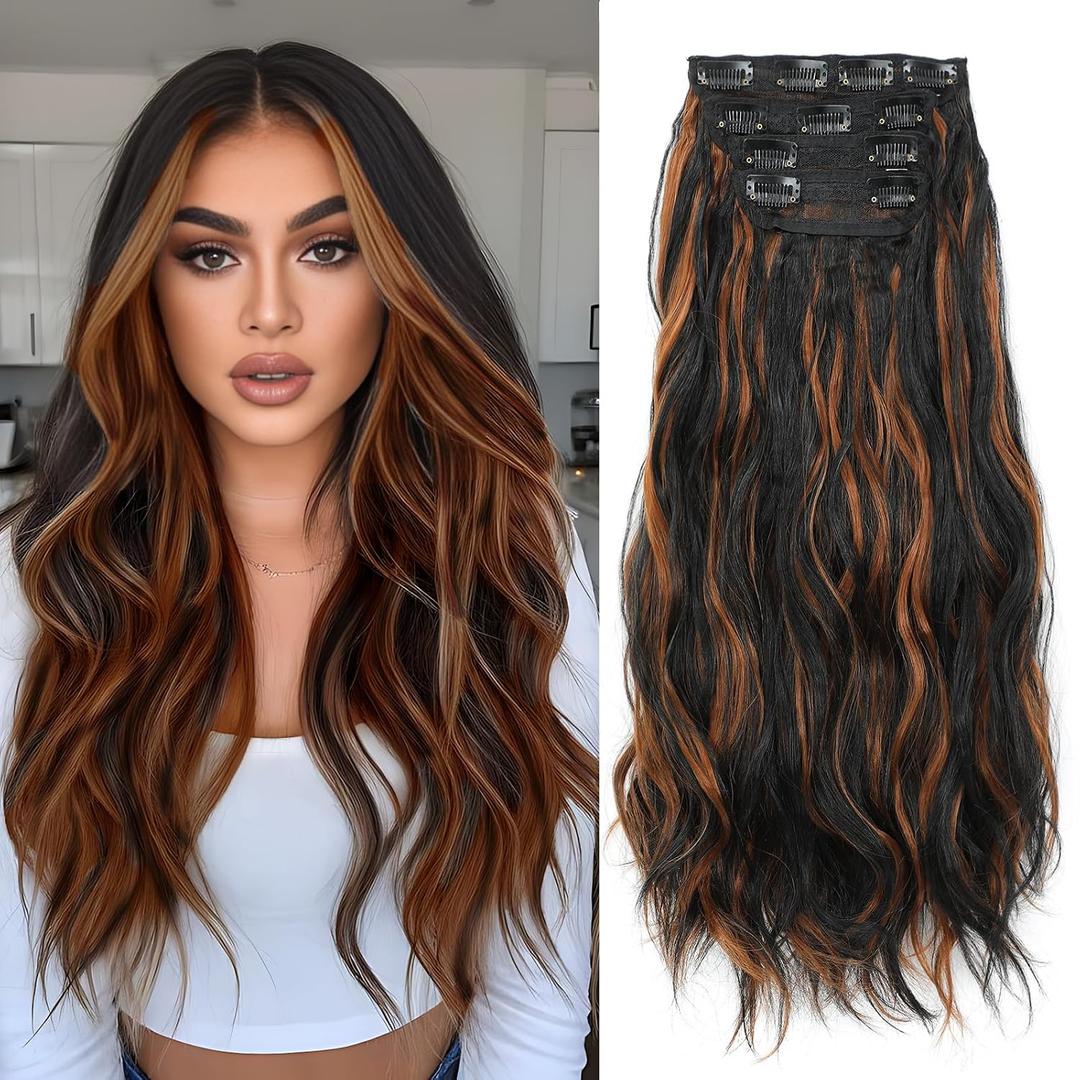 Clip in Hair Extensions 4 Pcs, 20 Inch, 1BH30 | Curly Hair Extensions, Clip in Extensions, Synthetic Hairpieces, Easy Clip, Soft Natural Look, Daily Wear