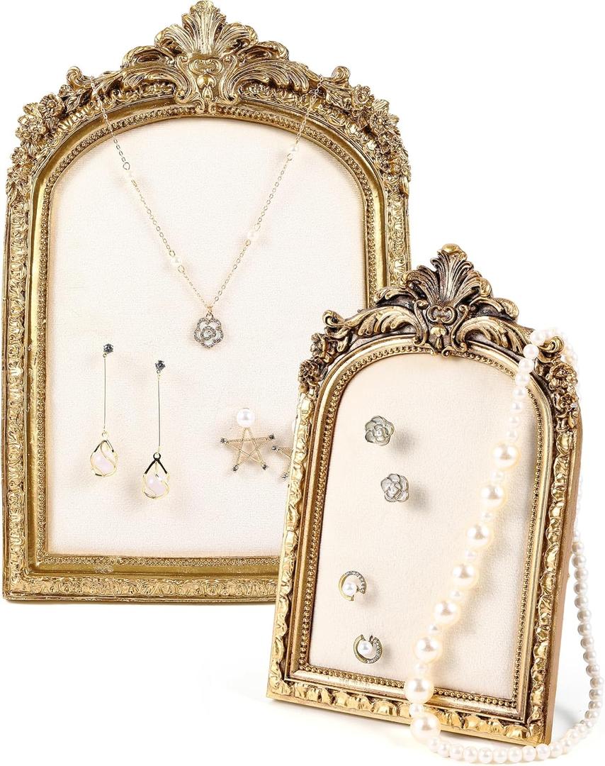 Wonderjune 2 Pcs Gold Jewelry Display Stand Vintage Necklace Organizer Ring Holder Earring Tray Resin Jewelry Photography Props Frame with Velvet Backing for Gifts(White,Large,Small,Elegant)