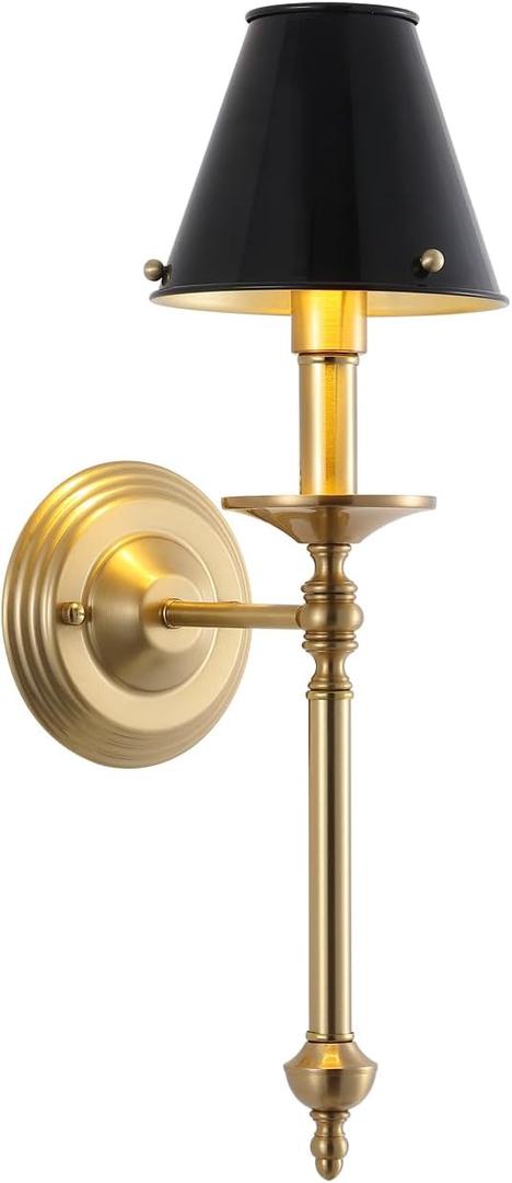 Modern Wall Sconce Industrial Mid Century Bathroom Vanity Wall Light Brushed Brass Finished Frame and Black Metal Lampshade Wall Mount Lights for Living Room Bedroom Stairs Corridor Mirror