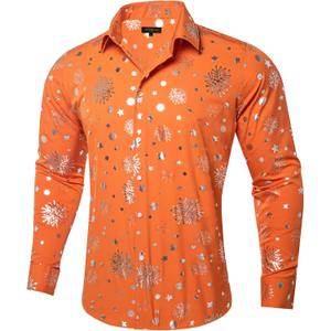 DiBanGu Men's Silk Paisley Dress Shirt Formal Long Sleeve Button-Down Casual Shirts for Wedding Party (Orange)
