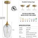 Glass Pendant Lights Kitchen Island 2 Pack, Gold Pendant Light Fixtures with Hand-Blown Clear Glass Modem Farmhouse Hanging Light for Kitchen Sink Dining Room Bedroom