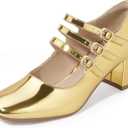 IDIFU IN2 Mary Jane Shoes Women's Pumps Dress Shoes for Women Block Chunky Low Short Square Closed Toe Thick Heels Wedding Work Prom Bride Lady Flight Attendant Comfortable Cute Vintage Pumps Shoes (5, Gold Patent)