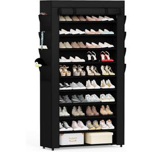 Mavivegue Shoe Rack with Cover, 10+1 Tier Tall Shoe Storage for 50-55 Pairs of Shoes, Shoe Organizer for Entryway, Closet (Black)