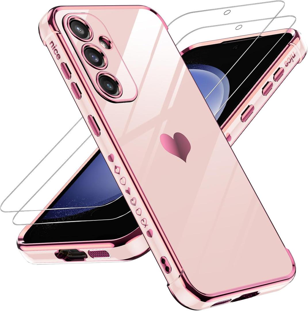 LeYi for Samsung Galaxy S23-FE Case: S23 FE Phone Case Tempered Glass Screen Protector [2 Pcs]+ Full Camera Lens Protection, Love Heart Plating Women Cute Luxury Soft TPU Shockproof S23FE, Pink