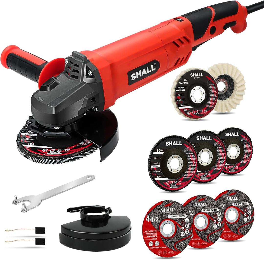 SHALL Angle Grinder Tool 7.5Amp 4-1/2 Inch, 6-Variable-Speed Grinders Power Tools, Electric Metal Grinder 12000 RPM w/ 2 Safety Guards, Cutting Wheels, Flap Discs, Non-Slip Handle for Metal/Wood (Red)