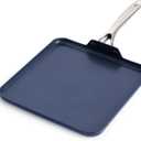 Blue Diamond 11" Nonstick Square Griddle Pan, Non Toxic PFAS-Free Diamond Ceramic, Dishwasher & Oven Safe, Even Heating, Metal Utensil Safe, Warp Control, Blue