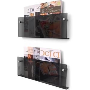 2 Pcs Acrylic Magazine Rack, 17" Black Record Holder, Hanging Bookshelf Literature Storage Rack for Waiting Room, Office, Home Display