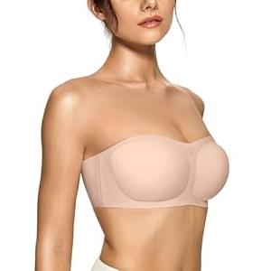OEAK Womens Strapless Bandeau Bra Non Slip Bras Push Up Wireless Padded Bralette Supportive Seamless Comfortable Tube Bra Skin, Large