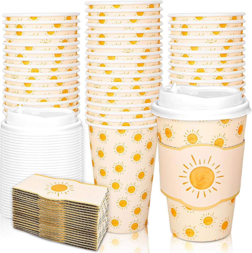 Whaline 50 Set Boho Sun Disposable Coffee Cups with Lids Sleeves 16 Oz Summer Yellow Sunshine Paper Drinking Cups To Go Coffee Cup for Birthday Wedding First Trip Around The Sun Baby Shower Party