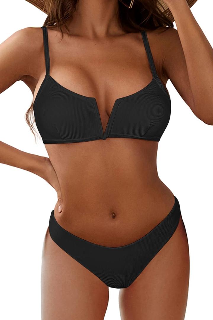 ZAFUL Women's High Cut Bikini Sets Ribbed V-Wire Cami Bikini Two Piece Swimsuit (1-black)