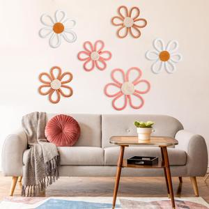 Barydat 6 Pcs Boho Nursery Decor Daisy Flower Woven Macrame Wall Hanging 3 Size Daisy Flower Wall Decor Bohemian Nursery Decorations for Home Dorm Art(Pink, Brown, White)