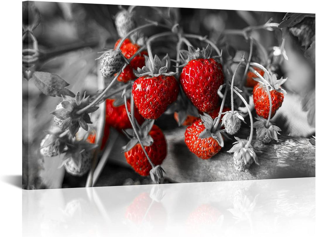 OuElegent Black and Red Strawberry Canvas Wall Art Fresh Fruits Picture Kitchen Wall Art Painting Home Decor Framed Ready to Hang 20"x36"
