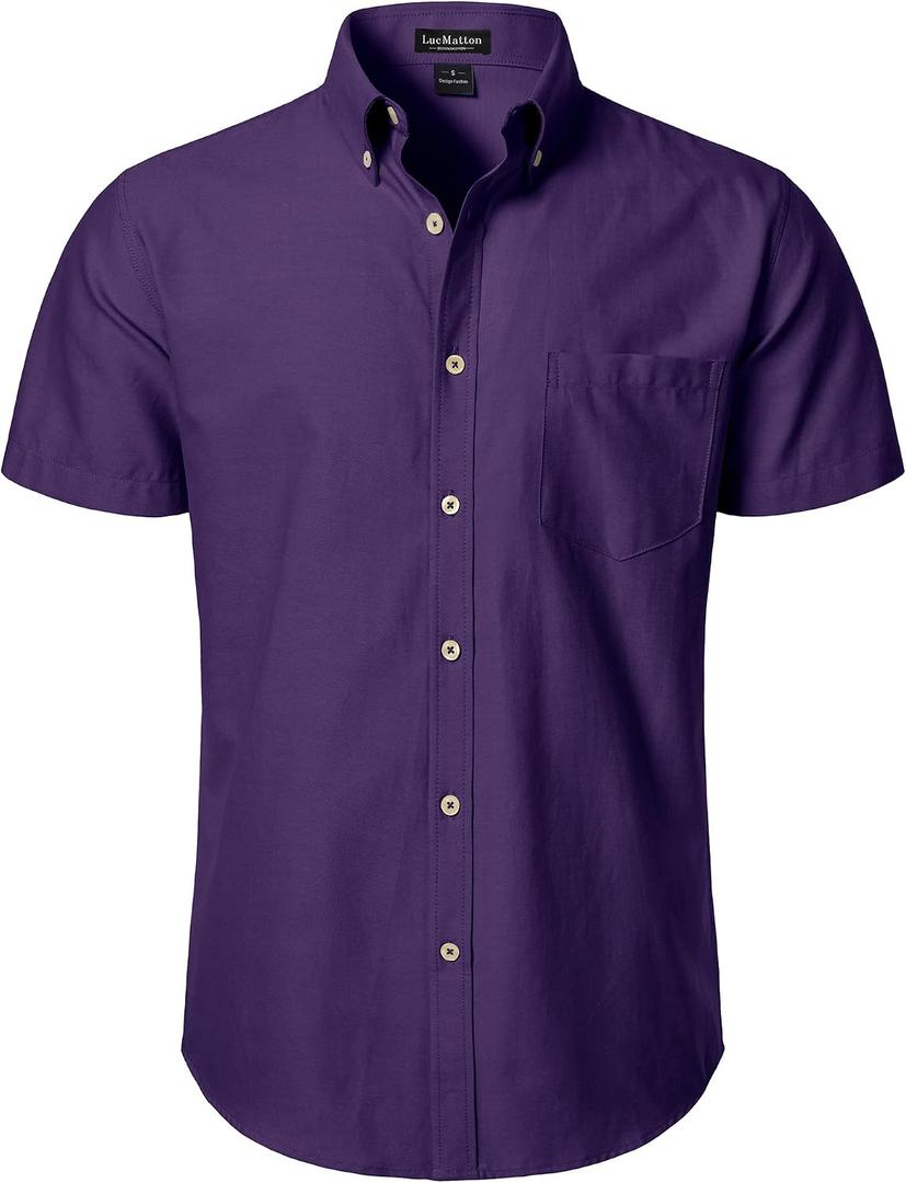 LucMatton Men's Oxford Short Sleeve Button Down Dress Shirt, Purple (S)