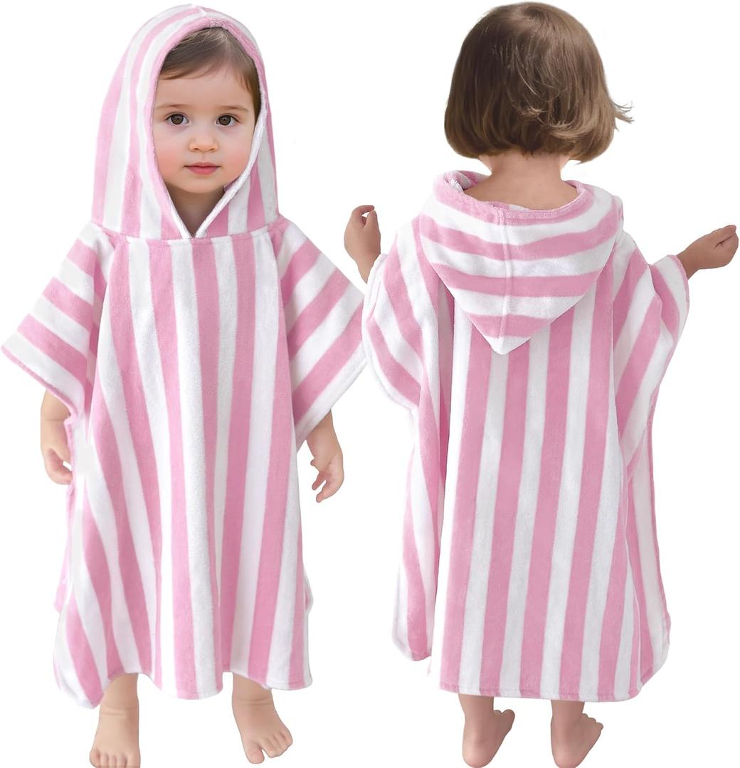 VOOVA & MOVAS Toddler Towels with Hood, Oversized (2-4Years,21"X21") Made from 100% Soft Cotton,Absorbent Hooded Poncho Towel for Baby Girls,Perfect for Pool | Swimming | Bath | Beach,Pink Stripe