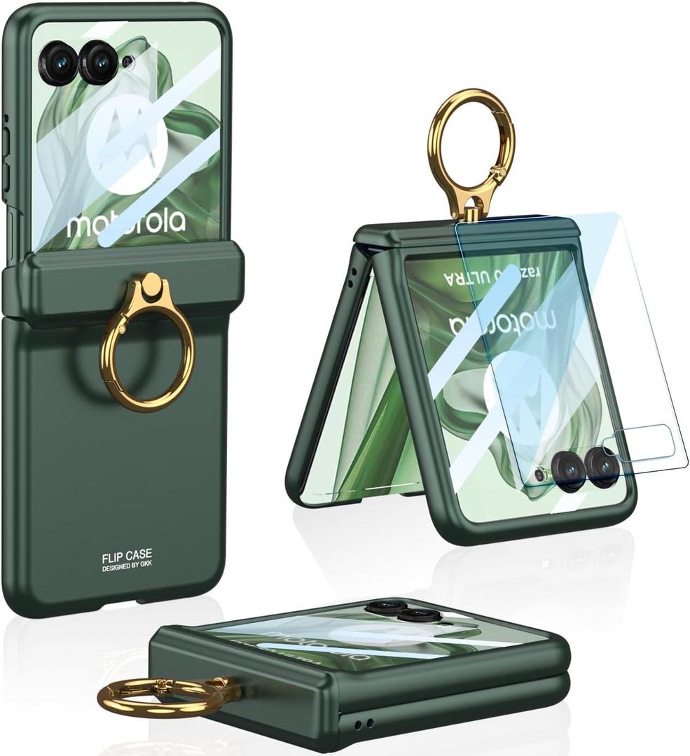 for Motorola Razr Plus 2024 Case with Built-in Front Screen Protector and Ring Kickstand & Magnetic Hinge Protection, Hard PC Slim Shockproof Protective Cover for Motorola Razr+ 2024(Green)