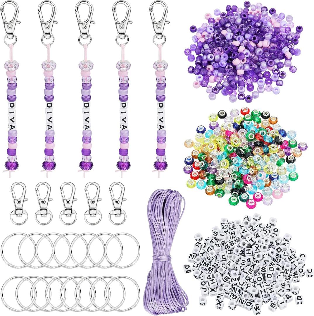 BEEFLYING 750 Pcs DIY Bead Keychain Kit Key Chain Making Crafts Letter Beads Strings Adjustable Alphabet Key Ring Jewelry Backpack Accessories Holiday Party Festival Favor Gift (Purple)