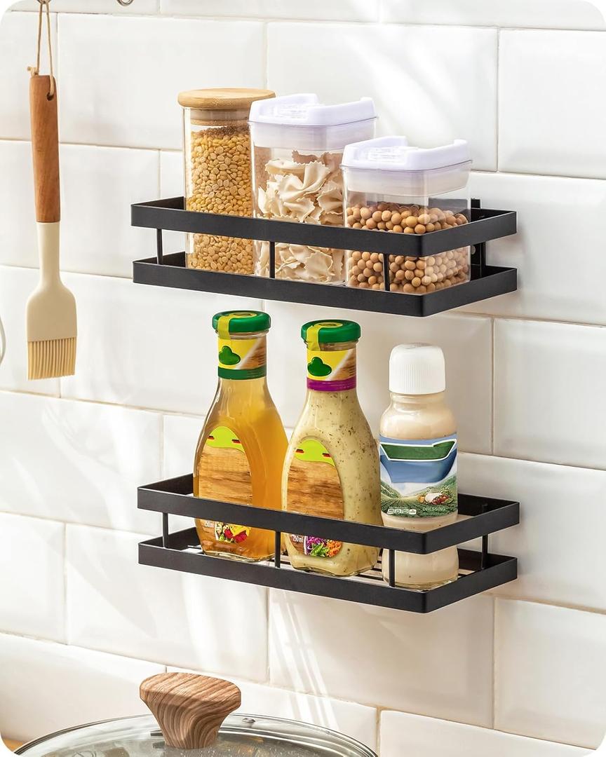 Baffect Metal Spice Rack Wall Mount Floating Shelves 2 Pack Black Storage organizer for Cabinet Door Pantry Kitchen Bathroom Supplies (9.8inches Length)