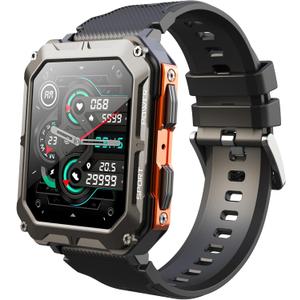 Gravity C20 Pro 1.83" Rugged Smartwatch, IP68 Waterproof, Bluetooth Call, AI Voice, 100+ Sports Modes, Heart Rate & Sleep Monitoring, Shockproof, Fitness Tracker for iOS & Android (Orange)
