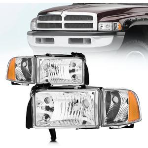 Headlight Assembly for 1994-2001 RAM 1500 & 1994-2002 Dodge RAM 2500 3500, Driver & Passenger Side, Chrome Housing, OE Replacement (No Bulbs)