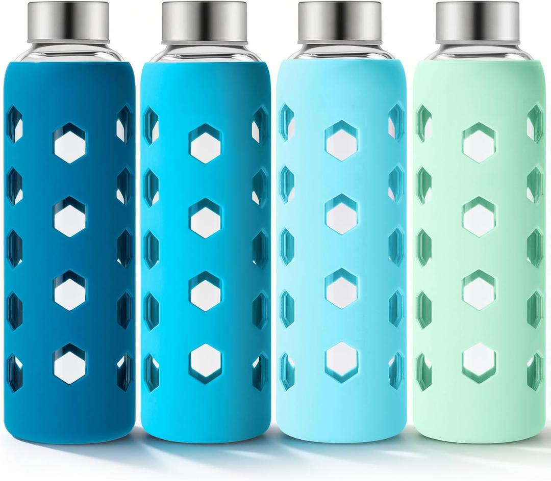 Mrsdry Glass Juice Bottles with Lids and Silicone Sleeves 18 oz, 4-Pack Reusable Clear Glass Water Bottles with Stainless Steel Airtight Cap for Juicing, Refrigerator, BPA Free Leak-Proof Drinking Jar