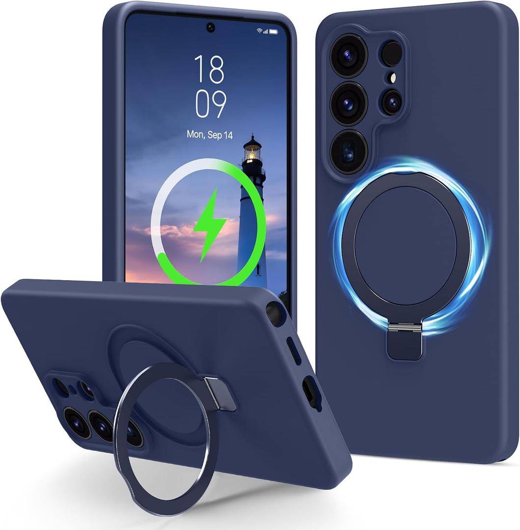 for Galaxy S26 Ultra Case with Stand, Slim Liquid Silicone Phone Cases for Samsung Galaxy S26 Ultra Compatible with MagSafe Magnetic Ring Kickstand Case Full Camera Protection, Dark Blue