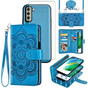 Asuwish Phone Case for Samsung Galaxy S21 FE 5G Zipper Wallet Cell Cover with Tempered Glass Screen Protector Strap Mandala Flower Card Holder S 21 EF S21FE5G UW S21FE 21S G5 6.4 inch Women Girls Blue