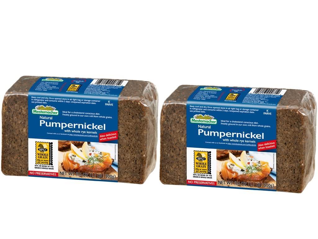 Mestemacher Pumpernickel Bread, 17.6 Oz – Authentic German Whole Rye Pumpernickel Bread, Dense European Bread, High Fiber, Non-GMO, Ready to Eat, Long Shelf Life (Pack of 2)