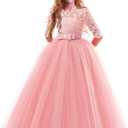 Girls Flower Vintage Floral Lace 3/4 Sleeves Floor Length Dress Wedding Party Evening Formal Pegeant Dance Gown (5-6 Years, Pink)