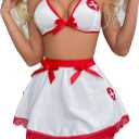 PURFUN Women Sexy Nurse Costume Lingerie Set 3Pcs Nurse Uniform Halloween Cosplay Roleplay Babydoll Set Rave Party Outfits (M)