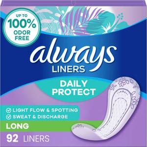 Always Daily Protect Liners, Long Length, Unscented Panty Liners, 92 Count (MPN)