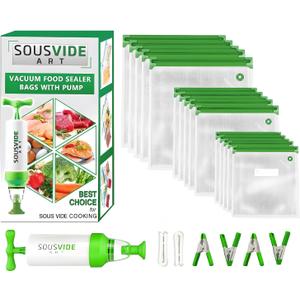 SOUSVIDE ART 37pcs Reusable Vacuum Seal Bags with Vacuum Sealer - 30 Cooking and Storage Bags of 3 Sizes with Pump and Sous Vide Cooker Accessories - Food Safe Kit, Keeps Food Fresh
