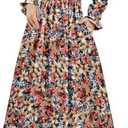 CYiNu Womens Floral Long Sleeve Midi Dress Deep V Neck Elastic Waist Boho Floral Dress for Women, Small