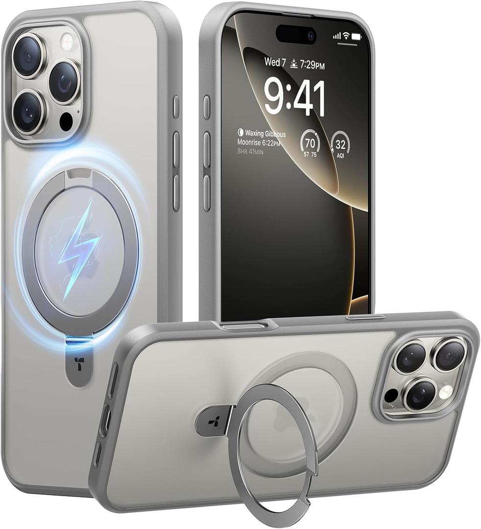 TORRAS Ultra Magnetic Ostand for iPhone 16 Pro Case [Fit for MagSafe] [Sturdy Stand & Ring Holder] Mil-Grade Shockproof Matte Anti-Scratch Slim Protective Kickstand Case, Natural Titanium 6.3 inch