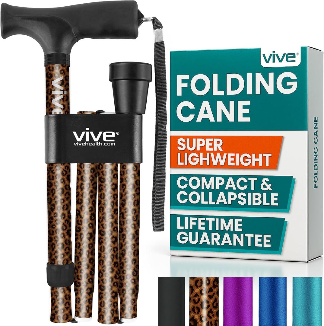 Vive Folding Cane - Foldable Walking Cane for Men, Women - Fold-up, Collapsible, Lightweight, Adjustable, Portable Hand Walking Stick - Balancing Mobility Aid - Sleek, Comfortable (Leopard)
