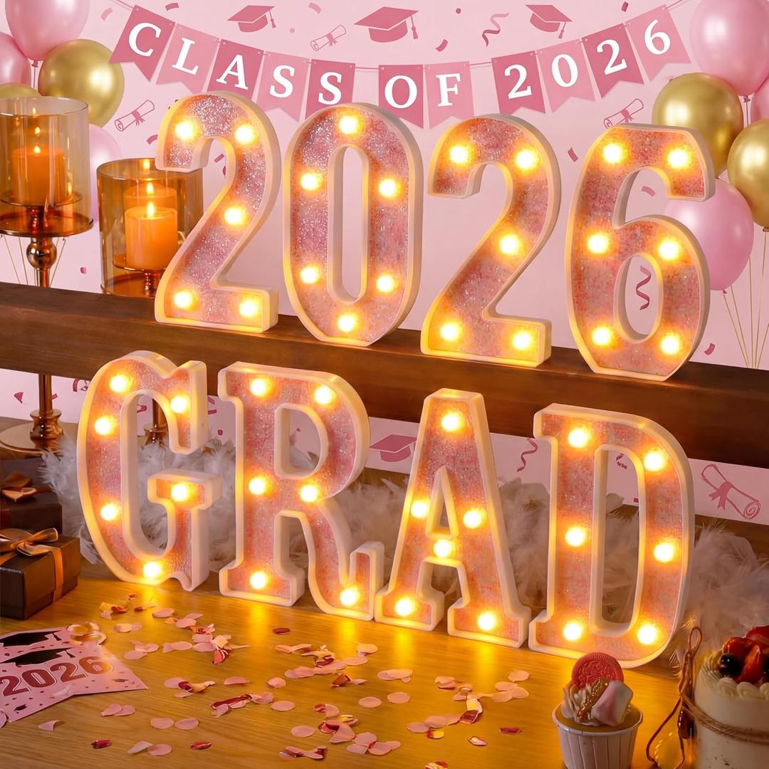 Honoson 8 Pcs Pink GRAD 2026 Sign Grad 2026 LED Sign Light up Graduation Party Decorations, Glitter Pink Light up Numbers Letters, Class of 2026 Decoration for Table High School Senior College Party