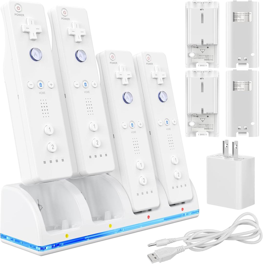 Remote Controller Charger Station for Wii/Wii U with 4 Pack 2800mAh Rechargeable Battery Pack, Charging Dock Station for Wii Controller, Remotes are not Included (7.3*2 inches)