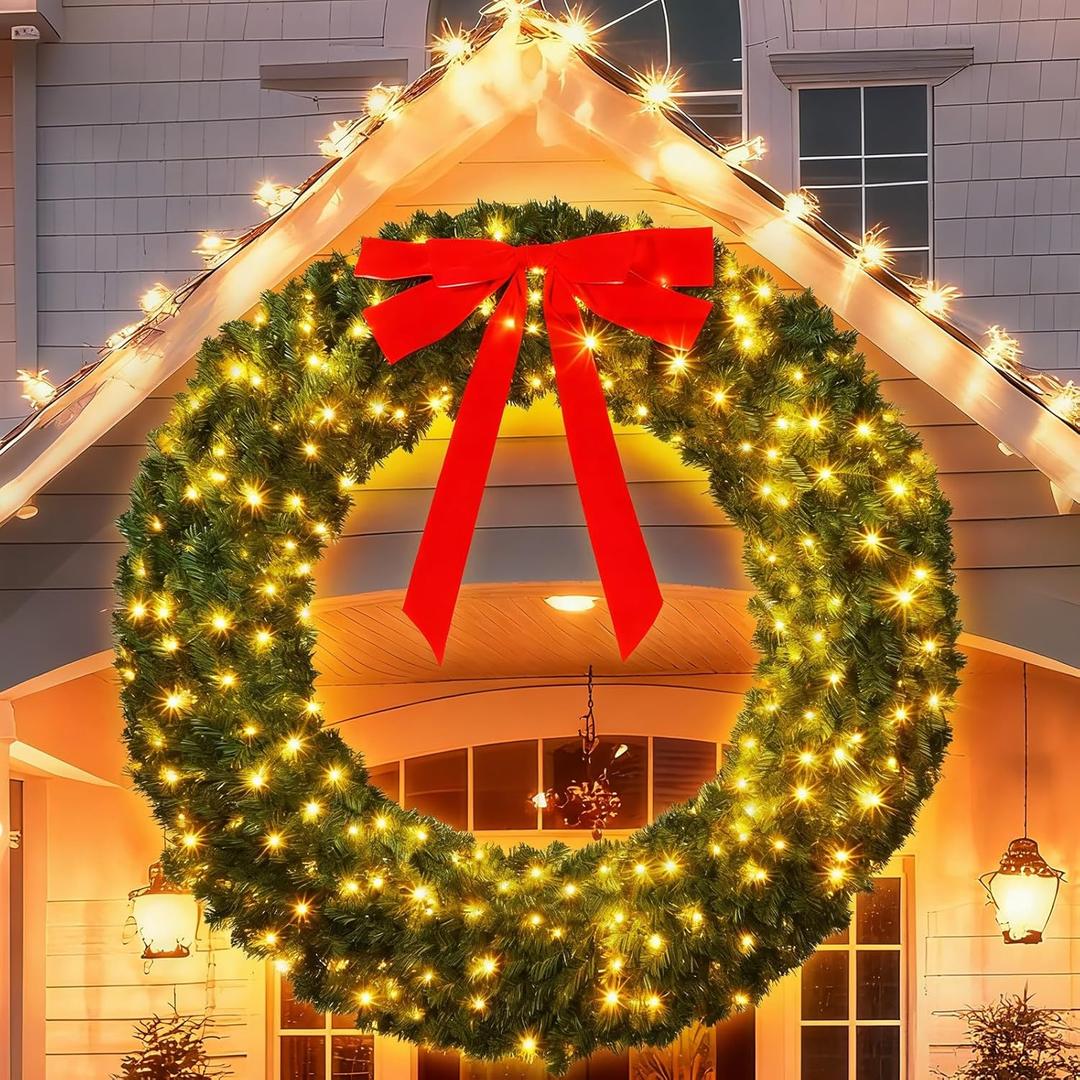 60 Inch Large Prelit Christmas Wreath with 300 Warm White Led Lights 8 Lighting Modes Artificial Outdoor Indoor Xmas Wreath with 850 PVC Tips for Giant Home Front Door Wall Window Holiday Decorations