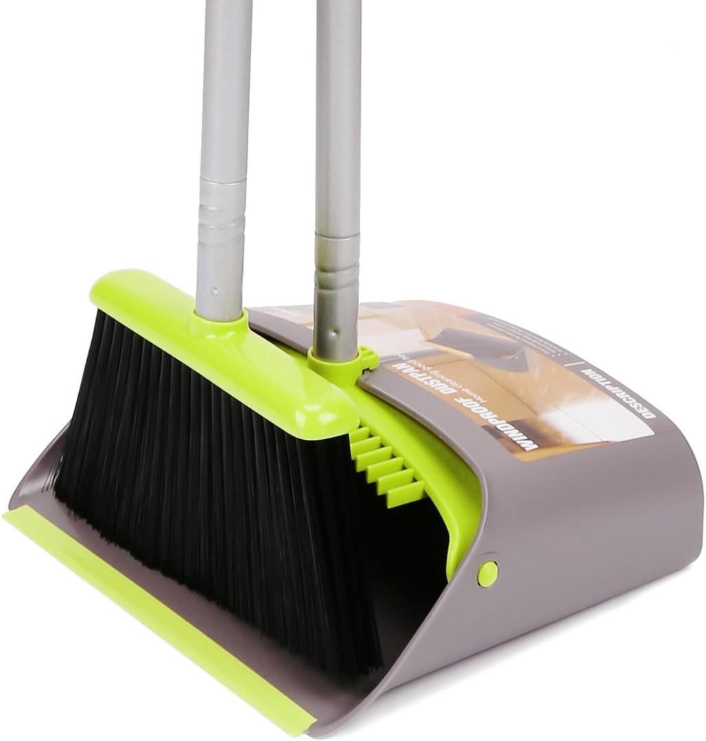 TreeLen Broom and Dustpan Set, TreeLen Broom with Dust Pan with Long Handle Combo Set for Office and Home Standing Upright Sweep Use with Lobby Broom