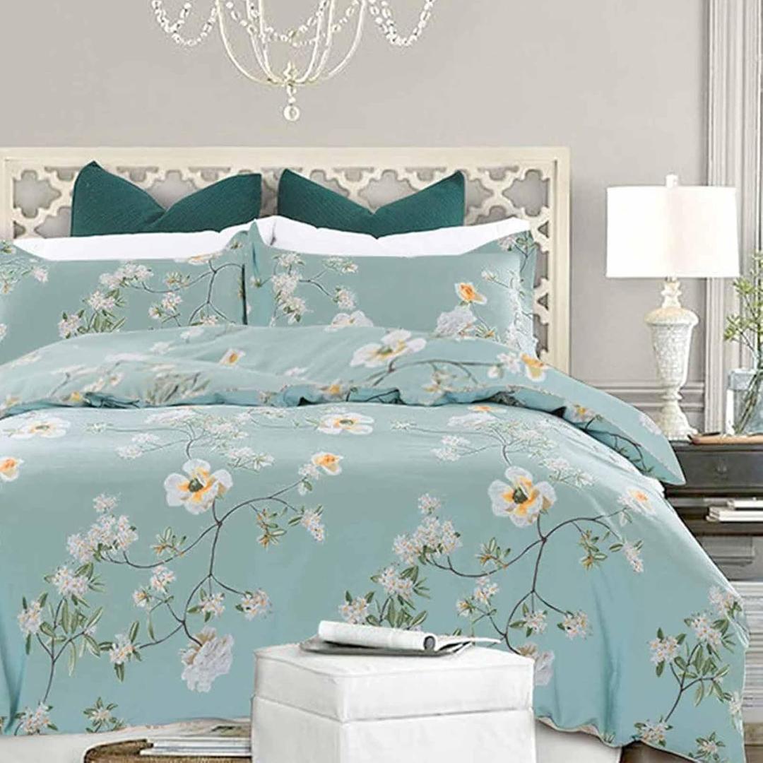 Teal Floral Duvet Cover Queen Size, 3pc Turquoise Aqua Farmhouse Apricot Blossom White Flowers Pattern Printed Microfiber Comforter Cover Set, Soft and Lightweight Quilt Cover for Women 90x90 nches