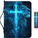 FOR U DESIGNS Glowing Blue Lion Cross Bible Carrying Case PU Leather Church Bag for Sunday Service & Bible Study Multi Pen Slots Fits Large Bibles 11.5x8.5x2