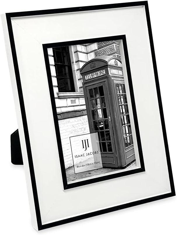 Isaac Jacobs 4x6 White w/Black (Vertical & Horizontal) Double Border Picture Frame w/Black Fabric Easel, Wall-Mountable, Made for Tabletop & Gallery, Home or Office (4x6, White W/Black)