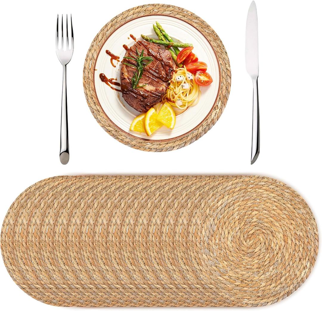 Set of 16 Round Woven Rattan Placemats, 12 Inch Boho Farmhouse Table Mats Natural Cattail Charger Plates for Dining Table Decor Heat-Resistant Braided Place Mats