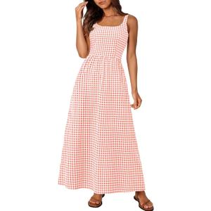 PRETTYGARDEN Women's 2026 Summer Spaghetti Strap Maxi Dresses Plaid Square Neck A Line Casual Beach Vacation Long Sundress (Pink, S)