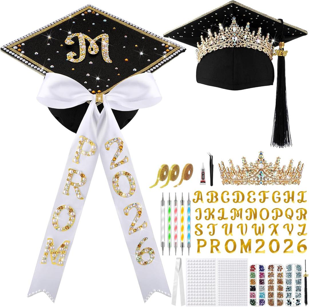 Dunzoom 24 Pcs 2026 Crown Graduation Cap Decorations Kit Tiara DIY Graduation Hat Crown Rhinestones Pearl Stickers Glitter Alphabet Letter Number Decals Tassel for Grad Cap Topper Party Supplies