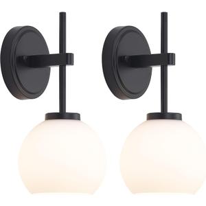 SANTOSTOCK Black Wireless Rechargeable Wall Sconces with Remote Control, Battery Operated Wall Sconce Set of 2, LED Dimmable Wall Lights with Opal White Glass Shade, 12 Colors RGB & 3 CCT Bulb